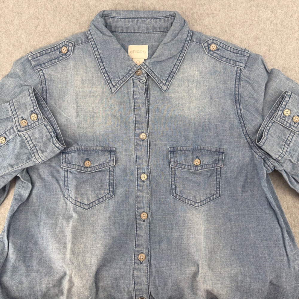 Chico's Women Blue Cotton Chambray Button Down Shirt Epaulettes Sz 0 4501429561